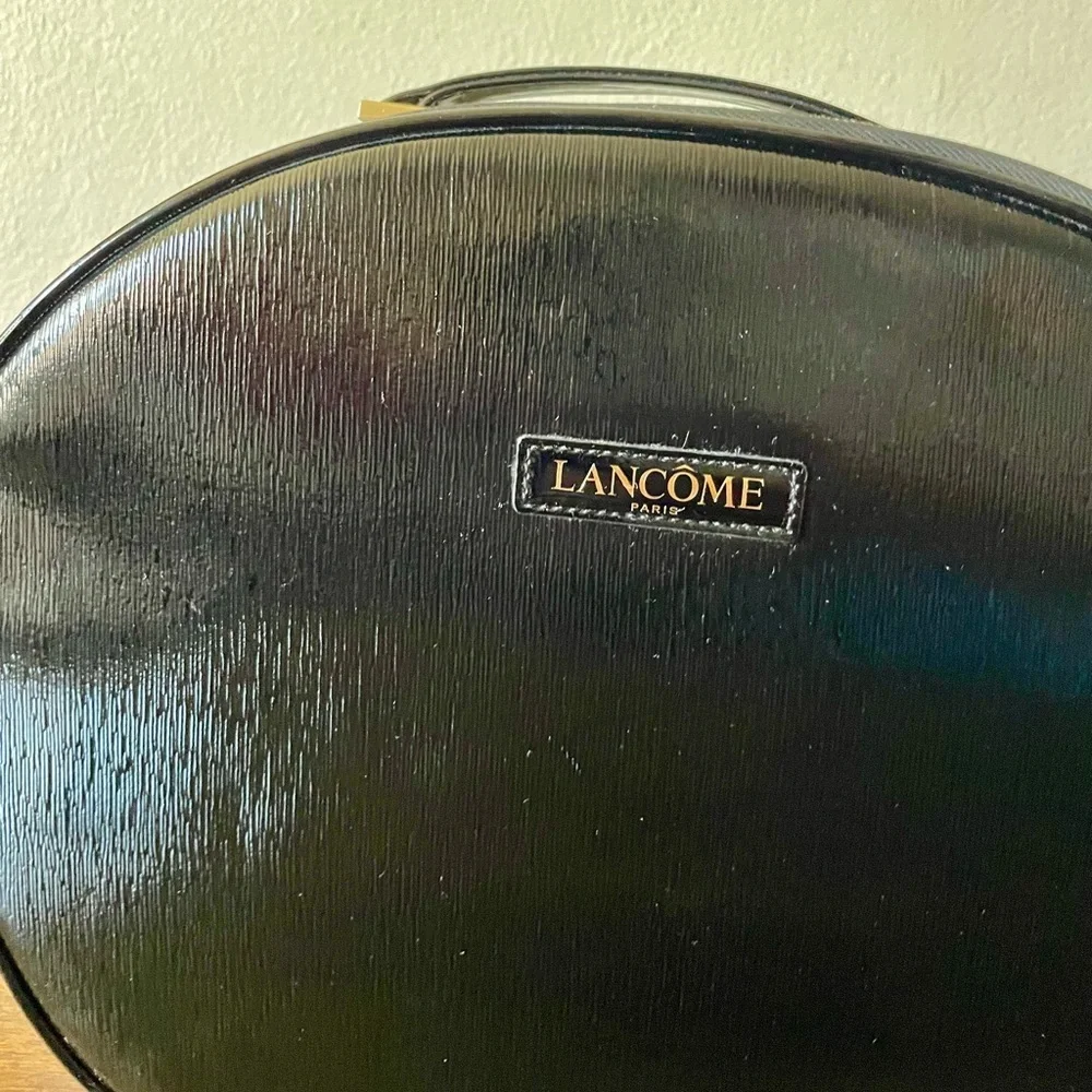 Lancome Paris Black Faux Leather Round Travel Cosmetic Bag Train Case - Picture 2 of 12